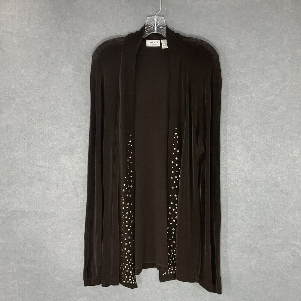 Chico's Travelers Cardigan Womens Sz L (2) Brown Studded Slinky Stretch Vacation